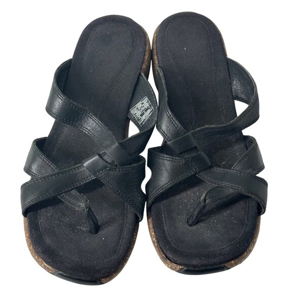Womens Merrell Black Leather Strappy Cork Sandals Slip-On Size 9M Comfortable Ca - Picture 1 of 5